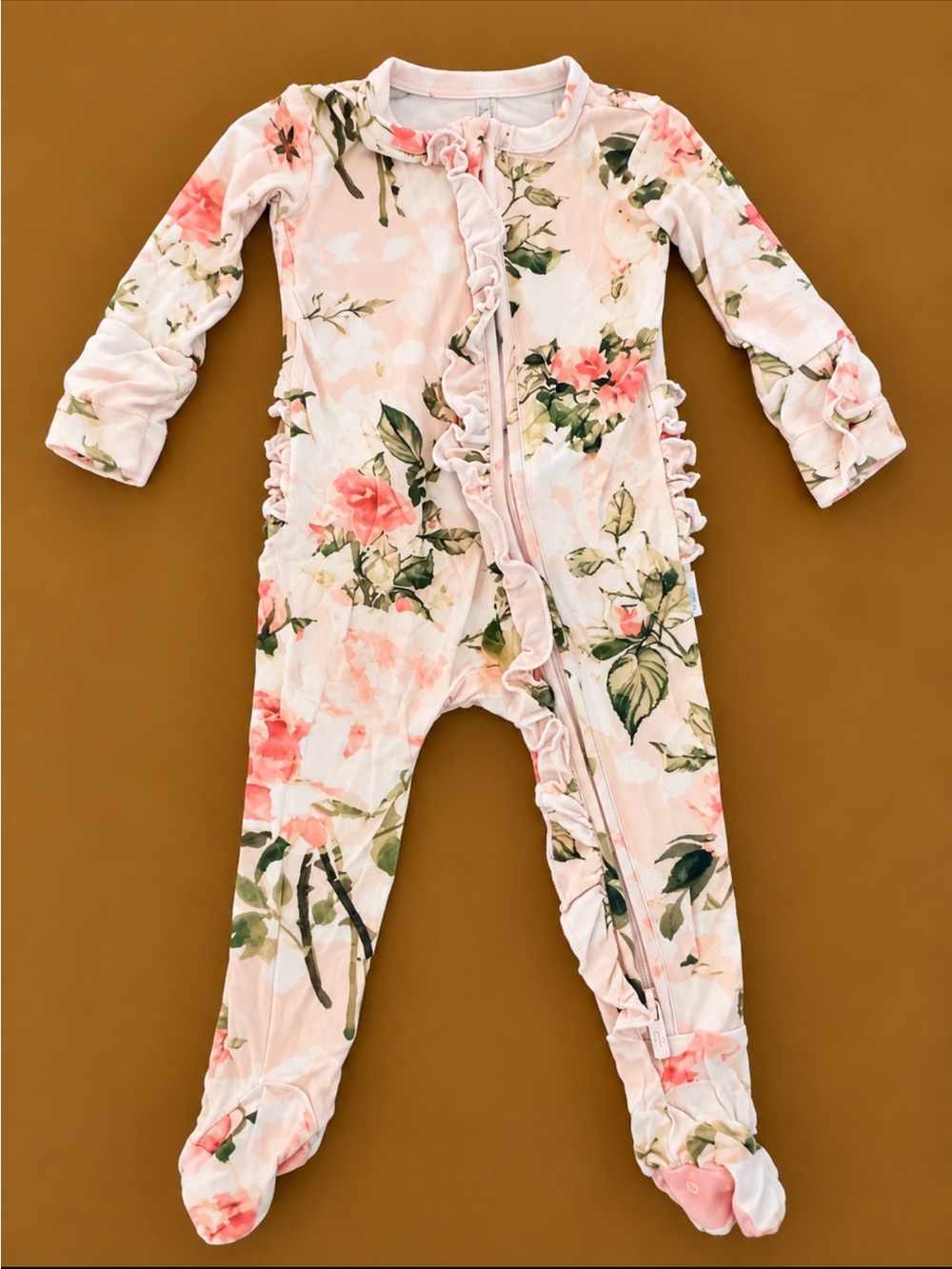Posh Peanut Vintage Pink Rose Footie Ruffled Zippered One Piece Pink & White
